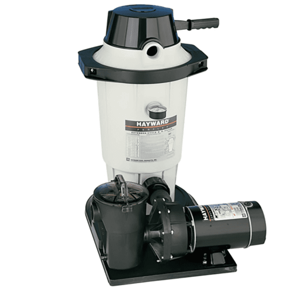 A black and white Hayward W3EC50C93S Perflex 1.5 HP Diatomaceous Earth Filter Pump System for Above-Ground Pools with a pump attached to it.